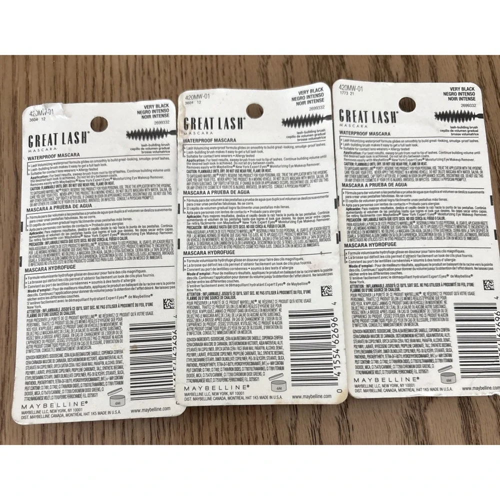 Maybelline Great Lash Waterproof Mascara - Very Black lot of 3 New With Box